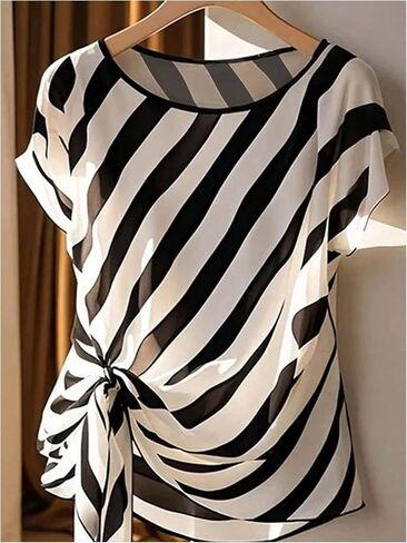 Floerns Women's Chiffon Blouses Tops Striped Mesh Bowknot Round Neck Shirts Short Dolman Sleeve Tie Side Work Blouse in Saudi Arabia
