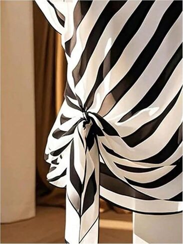 Floerns Women's Chiffon Blouses Tops Striped Mesh Bowknot Round Neck Shirts Short Dolman Sleeve Tie Side Work Blouse in Saudi Arabia