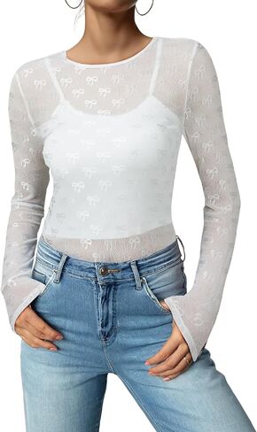 Acelitt Womens Long Sleeve Sheer Mesh Tops See Through Lace Blouse Shirts,S-XXL in Saudi Arabia