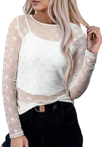 Acelitt Womens Long Sleeve Sheer Mesh Tops See Through Lace Blouse Shirts,S-XXL in Saudi Arabia