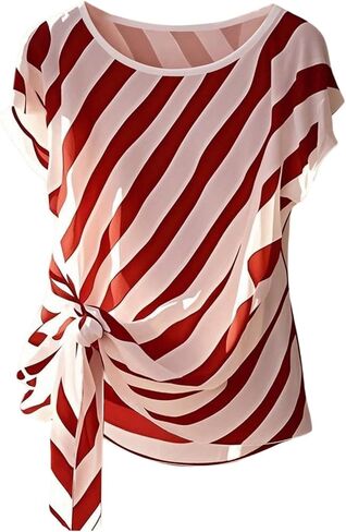 Floerns Women's Chiffon Blouses Tops Striped Mesh Bowknot Round Neck Shirts Short Dolman Sleeve Tie Side Work Blouse in Kuwait