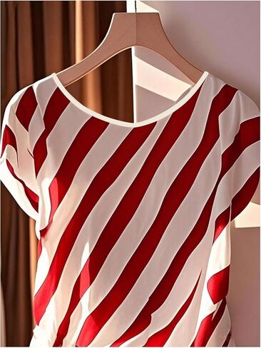Floerns Women's Chiffon Blouses Tops Striped Mesh Bowknot Round Neck Shirts Short Dolman Sleeve Tie Side Work Blouse in Kuwait