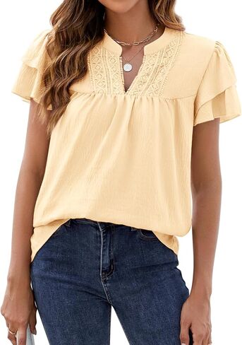 HEYTALALA Womens Summer Blouses Dressy Casual Cute V Neck Ruffle Short Sleeve Tops Business Work Shirts 2025 Trendy in Kuwait