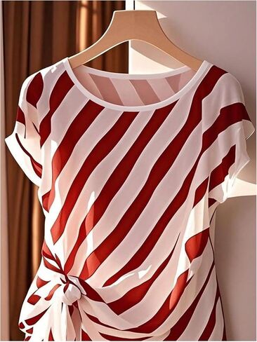 Floerns Women's Chiffon Blouses Tops Striped Mesh Bowknot Round Neck Shirts Short Dolman Sleeve Tie Side Work Blouse in Kuwait