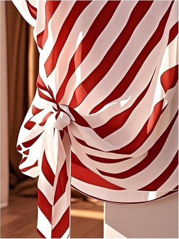 Floerns Women's Chiffon Blouses Tops Striped Mesh Bowknot Round Neck Shirts Short Dolman Sleeve Tie Side Work Blouse in Kuwait