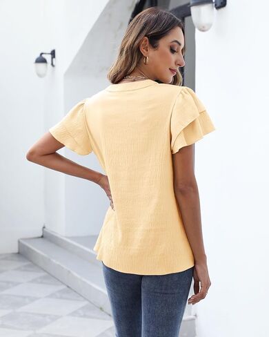HEYTALALA Womens Summer Blouses Dressy Casual Cute V Neck Ruffle Short Sleeve Tops Business Work Shirts 2025 Trendy in Kuwait