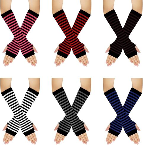 Fumwase 6 Pairs Women Long Fingerless Gloves Knit Winter Striped Arm Warmers Thumb Hole Stretchy Gloves in Saudi Arabia
