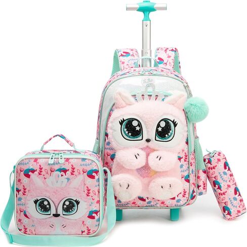 Meetbelify Rolling Backpack for Girls 3D Carton Backpack with Wheels for Elementary Student Kids Plush School Bag with Lunch Box Pencil Case for Girls Ages 6-8 Years Old Pink in Kuwait