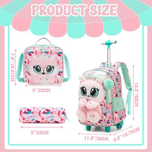Meetbelify Rolling Backpack for Girls 3D Carton Backpack with Wheels for Elementary Student Kids Plush School Bag with Lunch Box Pencil Case for Girls Ages 6-8 Years Old Pink in Kuwait