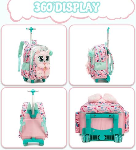 Meetbelify Rolling Backpack for Girls 3D Carton Backpack with Wheels for Elementary Student Kids Plush School Bag with Lunch Box Pencil Case for Girls Ages 6-8 Years Old Pink in Kuwait