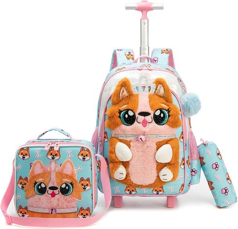 Meetbelify Rolling Backpack for Girls 3D Carton Backpack with Wheels for Elementary Student Kids Plush School Bag with Lunch Box Pencil Case for Girls Ages 6-8 Years Old Pink in Kuwait