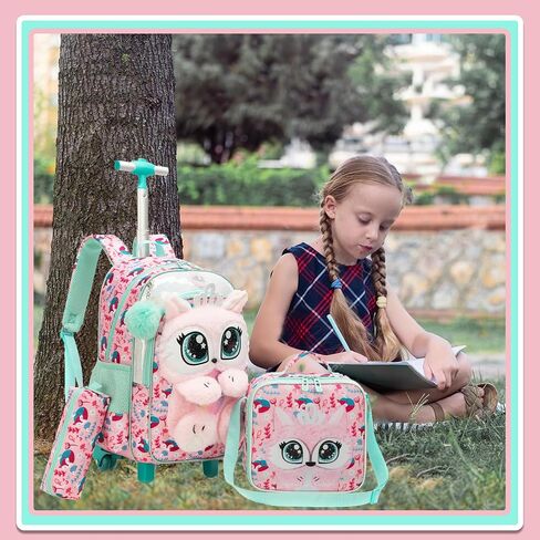 Meetbelify Rolling Backpack for Girls 3D Carton Backpack with Wheels for Elementary Student Kids Plush School Bag with Lunch Box Pencil Case for Girls Ages 6-8 Years Old Pink in Kuwait
