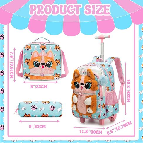 Meetbelify Rolling Backpack for Girls 3D Carton Backpack with Wheels for Elementary Student Kids Plush School Bag with Lunch Box Pencil Case for Girls Ages 6-8 Years Old Pink in Kuwait