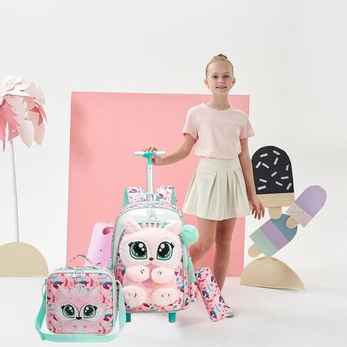 Meetbelify Rolling Backpack for Girls 3D Carton Backpack with Wheels for Elementary Student Kids Plush School Bag with Lunch Box Pencil Case for Girls Ages 6-8 Years Old Pink in Kuwait