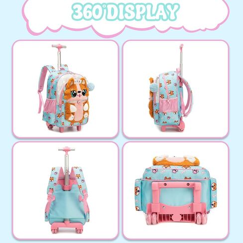 Meetbelify Rolling Backpack for Girls 3D Carton Backpack with Wheels for Elementary Student Kids Plush School Bag with Lunch Box Pencil Case for Girls Ages 6-8 Years Old Pink in Kuwait