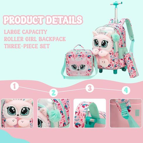 Meetbelify Rolling Backpack for Girls 3D Carton Backpack with Wheels for Elementary Student Kids Plush School Bag with Lunch Box Pencil Case for Girls Ages 6-8 Years Old Pink in Kuwait