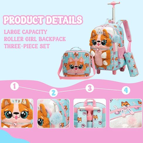 Meetbelify Rolling Backpack for Girls 3D Carton Backpack with Wheels for Elementary Student Kids Plush School Bag with Lunch Box Pencil Case for Girls Ages 6-8 Years Old Pink in Kuwait