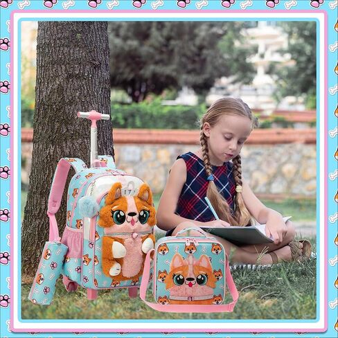 Meetbelify Rolling Backpack for Girls 3D Carton Backpack with Wheels for Elementary Student Kids Plush School Bag with Lunch Box Pencil Case for Girls Ages 6-8 Years Old Pink in Kuwait