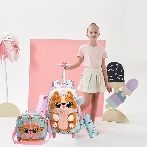 Meetbelify Rolling Backpack for Girls 3D Carton Backpack with Wheels for Elementary Student Kids Plush School Bag with Lunch Box Pencil Case for Girls Ages 6-8 Years Old Pink in Kuwait