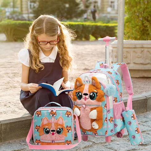 Meetbelify Rolling Backpack for Girls 3D Carton Backpack with Wheels for Elementary Student Kids Plush School Bag with Lunch Box Pencil Case for Girls Ages 6-8 Years Old Pink in Kuwait