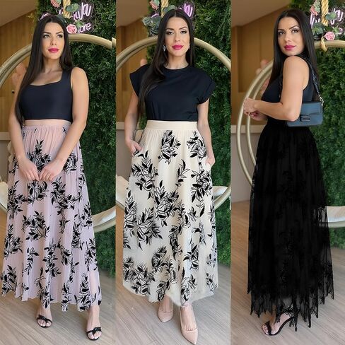تنانير تول طون تول للسيدات في Flygo Long Tulle Darms Dary Nasuant A-lip Lip Lipe List Herastic Percist Meash Mesh Mesh Skirt in Saudi Arabia
