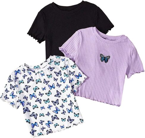 Girl's 3 Packs Graphic Tees Butterfly Embroidery Short Sleeve T Shirt Crewneck Slim Fit Tops in Saudi Arabia
