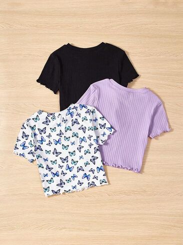 Girl's 3 Packs Graphic Tees Butterfly Embroidery Short Sleeve T Shirt Crewneck Slim Fit Tops in Saudi Arabia
