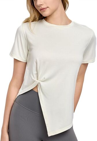 HSQSMWJ Workout Breathable Irregular Slit Short Sleeve T-shirts Yoga Gym Fitness Active Top for Women in Saudi Arabia