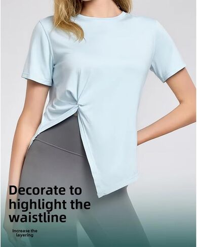 HSQSMWJ Workout Breathable Irregular Slit Short Sleeve T-shirts Yoga Gym Fitness Active Top for Women in Saudi Arabia