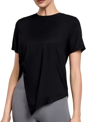 HSQSMWJ Workout Breathable Irregular Slit Short Sleeve T-shirts Yoga Gym Fitness Active Top for Women in Saudi Arabia
