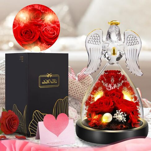 FIVE MEN Mothers Day Rose Gifts for Mom Grandmas, 7" Glass Angel Figurines with Real Rose Gifts for Her, Preserved Flower Rose with Lights for Women Mother's Day Anniversary Birthday Gift (Purple) in Saudi Arabia