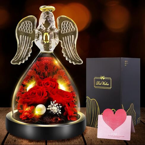 FIVE MEN Mothers Day Rose Gifts for Mom Grandmas, 7" Glass Angel Figurines with Real Rose Gifts for Her, Preserved Flower Rose with Lights for Women Mother's Day Anniversary Birthday Gift (Purple) in Saudi Arabia