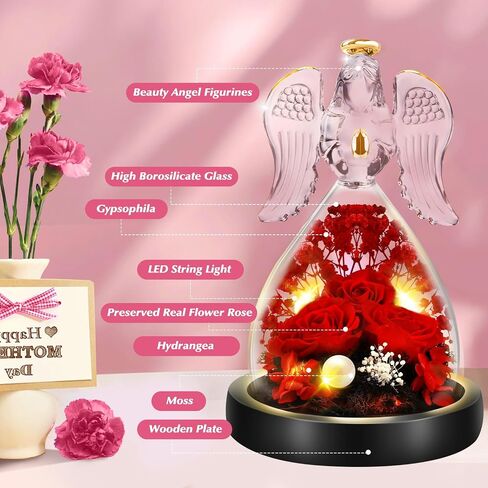 FIVE MEN Mothers Day Rose Gifts for Mom Grandmas, 7" Glass Angel Figurines with Real Rose Gifts for Her, Preserved Flower Rose with Lights for Women Mother's Day Anniversary Birthday Gift (Purple) in Saudi Arabia