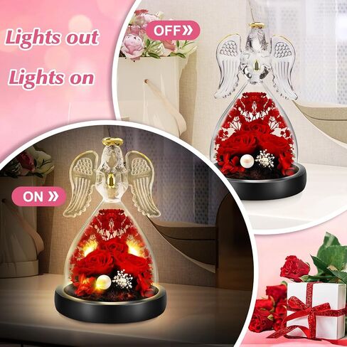 FIVE MEN Mothers Day Rose Gifts for Mom Grandmas, 7" Glass Angel Figurines with Real Rose Gifts for Her, Preserved Flower Rose with Lights for Women Mother's Day Anniversary Birthday Gift (Purple) in Saudi Arabia