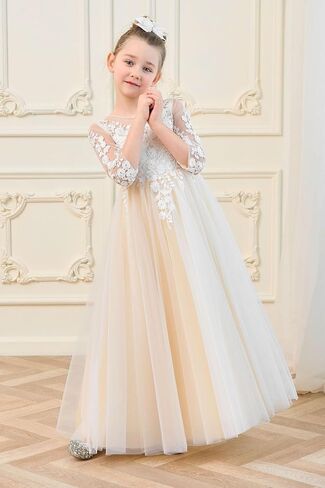 White Ivory Flower Girl Dresses with Long Sleeves First Communion Dress Princess Gown KT270 in Saudi Arabia