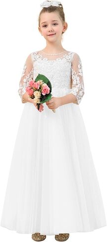 White Ivory Flower Girl Dresses with Long Sleeves First Communion Dress Princess Gown KT270 in Saudi Arabia
