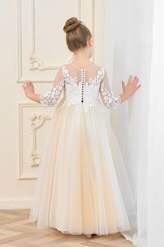 White Ivory Flower Girl Dresses with Long Sleeves First Communion Dress Princess Gown KT270 in Saudi Arabia