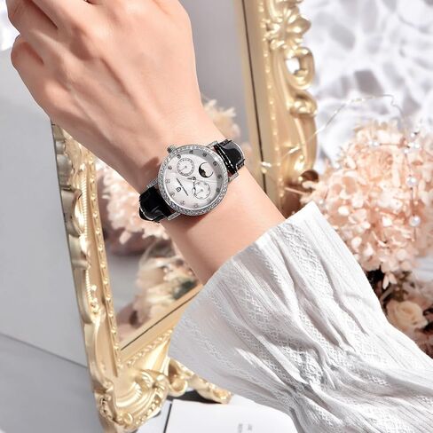 Quartz Women's Watches Luxury Leather Straps Waterproof Wrist Watch for Women, Ladies Wristwatch, Synthetic Sapphire, Auto Date, Moon Phase, Week Display in Saudi Arabia