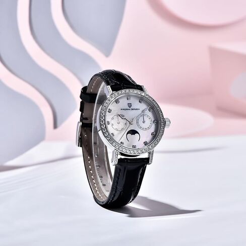 Quartz Women's Watches Luxury Leather Straps Waterproof Wrist Watch for Women, Ladies Wristwatch, Synthetic Sapphire, Auto Date, Moon Phase, Week Display in Saudi Arabia