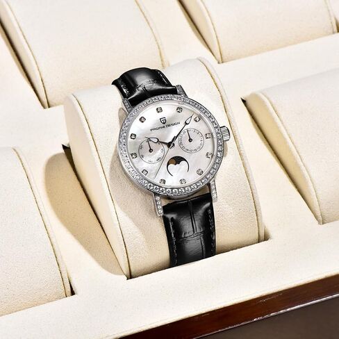 Quartz Women's Watches Luxury Leather Straps Waterproof Wrist Watch for Women, Ladies Wristwatch, Synthetic Sapphire, Auto Date, Moon Phase, Week Display in Saudi Arabia
