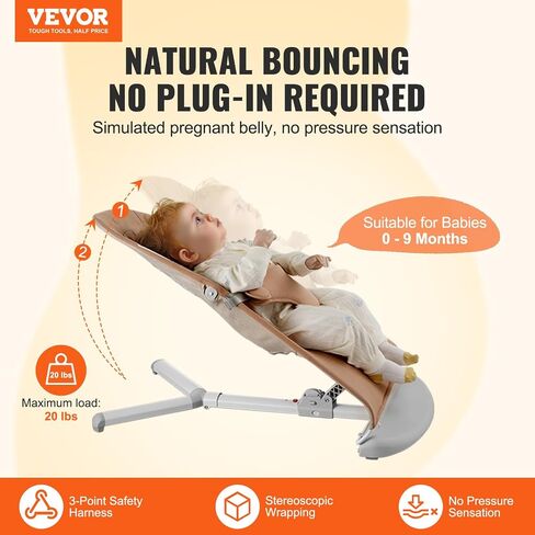 VEVOR Baby Bouncer, Folding Bouncer Seat for Babies 0-9 Months, Newborn Bouncer Chair with 2 Reclining Angles & 3-Point Harness, Portable Infant Rocker with Carrying Bag for Indoors Outdoors, Camel in Saudi Arabia