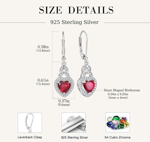 Heart Birthstone Earrings 925 Sterling Silver Leaf Leverback Dangle Drop Earrings with 5A Cubic Zirconia For Women Anniversary Christmas Jewelry Gift in Kuwait