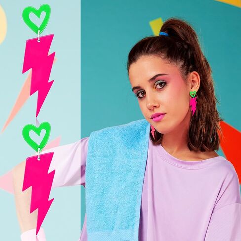 80s Neon Earrings for Women Acrylic Lightning Bolt Drop Earrings Retro 80s 90s Glow Party Accessories Neon Jewelry for Halloween Costume Outfit in Kuwait