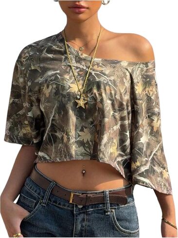 WDIRARA Women's Y2k Camo Print Off The Shoulder Crop Tee Top Short Sleeve Loose Fit T Shirts in Saudi Arabia