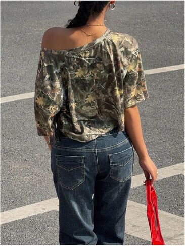 WDIRARA Women's Y2k Camo Print Off The Shoulder Crop Tee Top Short Sleeve Loose Fit T Shirts in Saudi Arabia