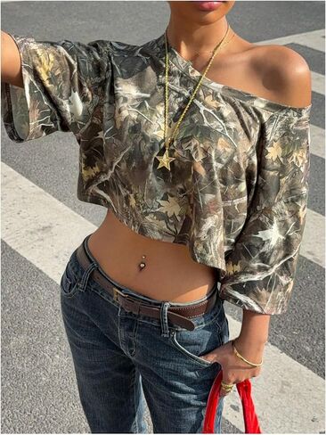 WDIRARA Women's Y2k Camo Print Off The Shoulder Crop Tee Top Short Sleeve Loose Fit T Shirts in Saudi Arabia