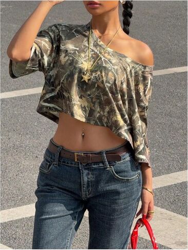 WDIRARA Women's Y2k Camo Print Off The Shoulder Crop Tee Top Short Sleeve Loose Fit T Shirts in Saudi Arabia