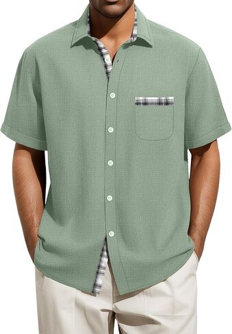 Men's Big and Tall Linen Shirts, Button Down Short Sleeve Summer Shirt Casual Cotton Beach Vacation Tops with Pocket in Saudi Arabia