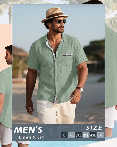 Men's Big and Tall Linen Shirts, Button Down Short Sleeve Summer Shirt Casual Cotton Beach Vacation Tops with Pocket in Saudi Arabia