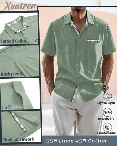 Men's Big and Tall Linen Shirts, Button Down Short Sleeve Summer Shirt Casual Cotton Beach Vacation Tops with Pocket in Saudi Arabia